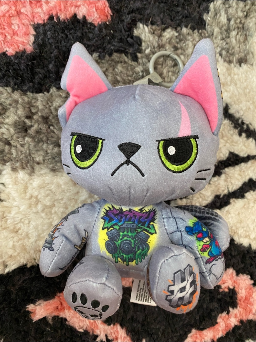 Tattoo Zoo Cattoos Gray and Pink Plush Cat Keychain/Bag Charm